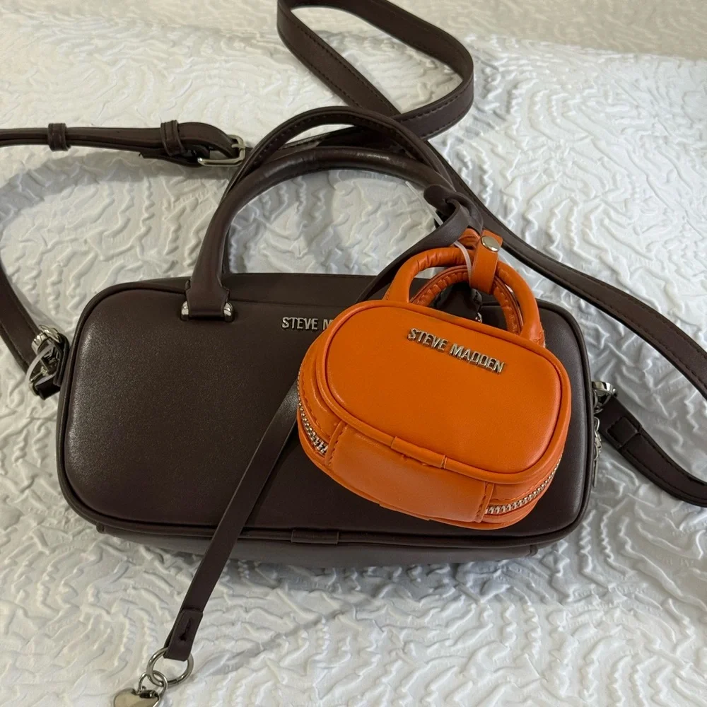 Steve Madden Chocolate Brown Crossbody Bag with Orange Micro-Bag Charm